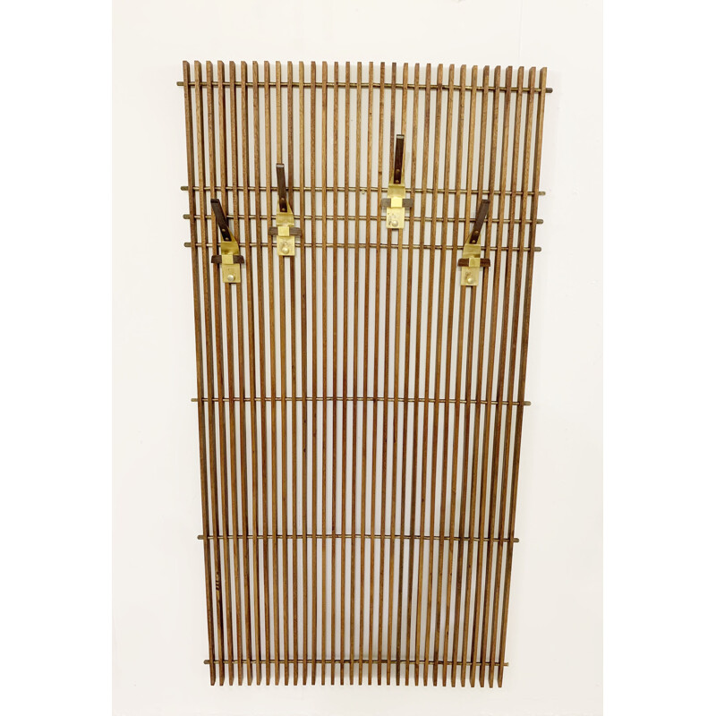 Vintage modular coat rack in laminated wood and brass, Italy 1950