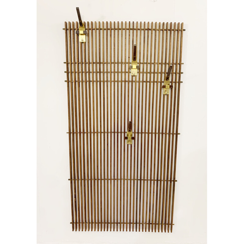 Vintage modular coat rack in laminated wood and brass, Italy 1950