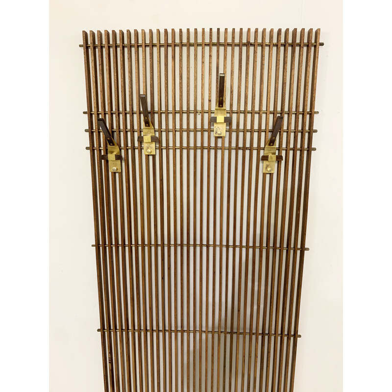 Vintage modular coat rack in laminated wood and brass, Italy 1950