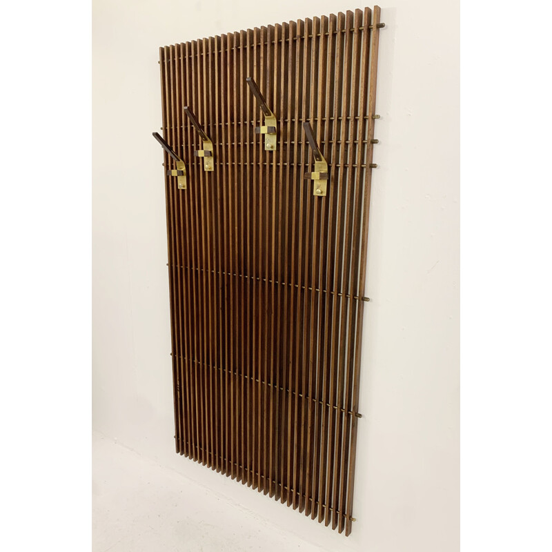Vintage modular coat rack in laminated wood and brass, Italy 1950