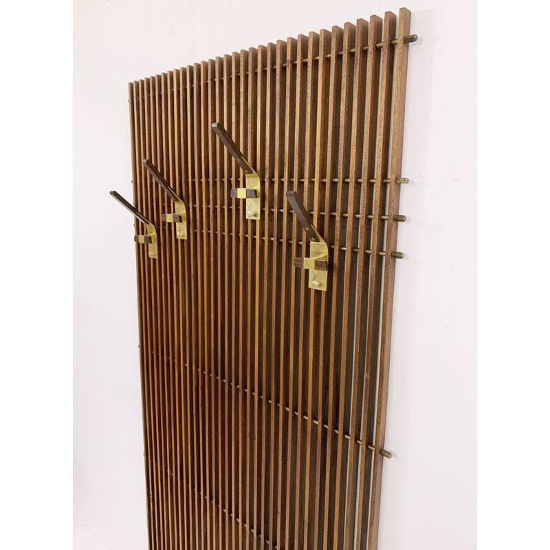 Vintage modular coat rack in laminated wood and brass, Italy 1950