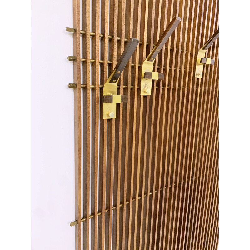 Vintage modular coat rack in laminated wood and brass, Italy 1950