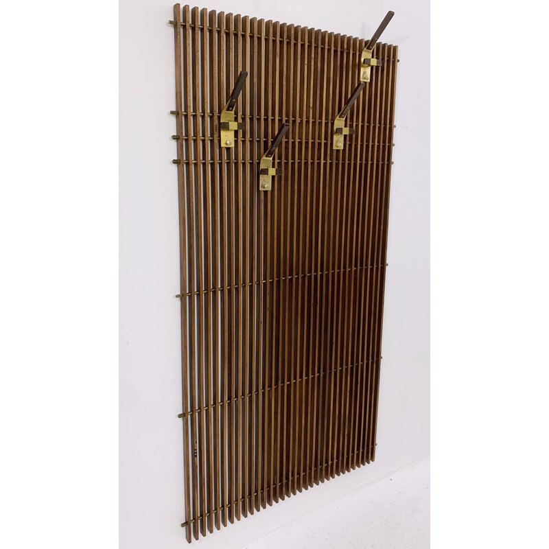 Vintage modular coat rack in laminated wood and brass, Italy 1950