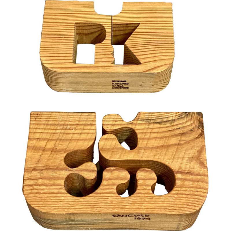 Pair of vintage wooden candle holders by Gunnar Kanevad, 1960
