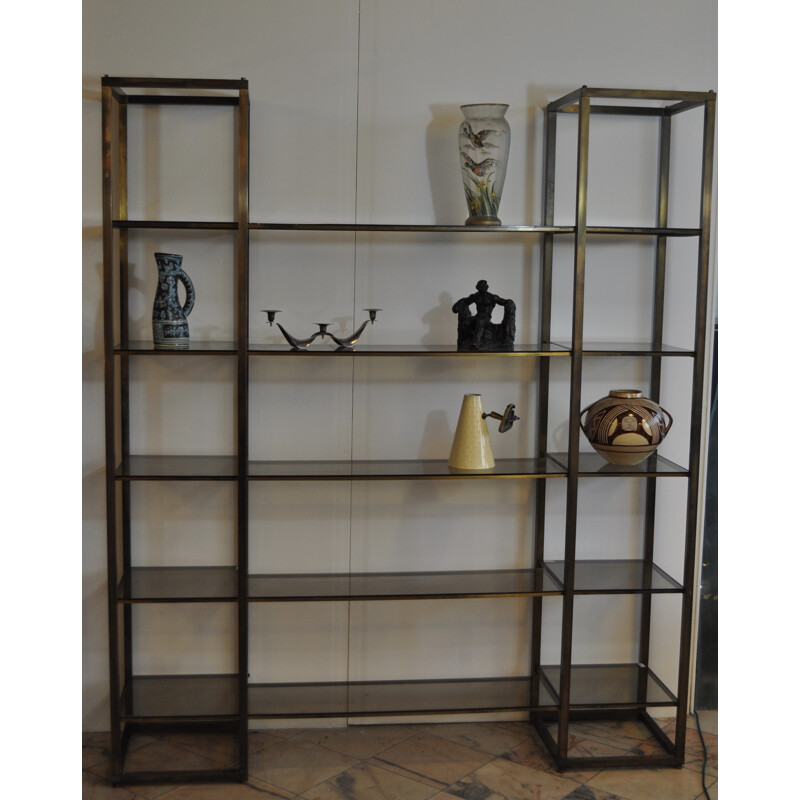 Brass and smoke glass bookshelves - 1970s