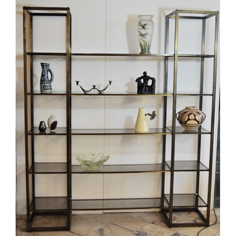 Brass and smoke glass bookshelves - 1970s