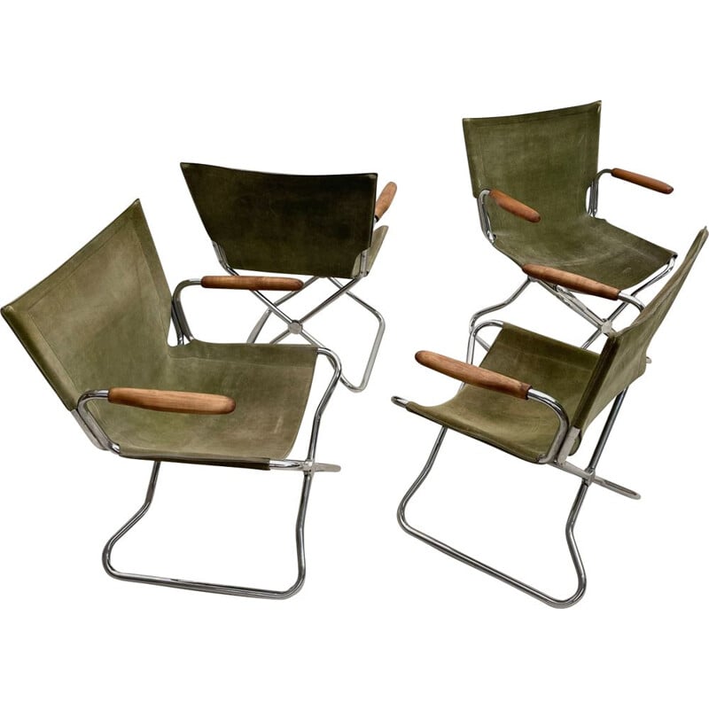 Set of 4 mid-century wood and green canvas folding armchairs