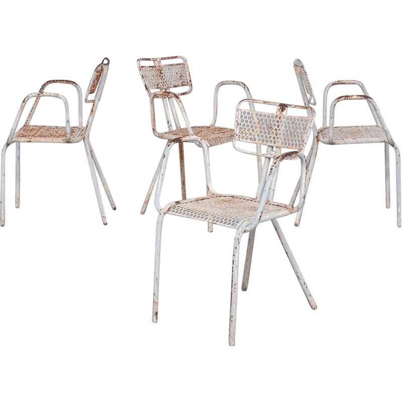 Set of 4 vintage French "Radar" metal garden chairs by Rene Malaval for Bloc Metal, 1940s