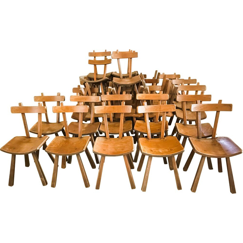 Conjunto de 30 cadeiras brutalistas vintage em olmo maciço, 1950-1960