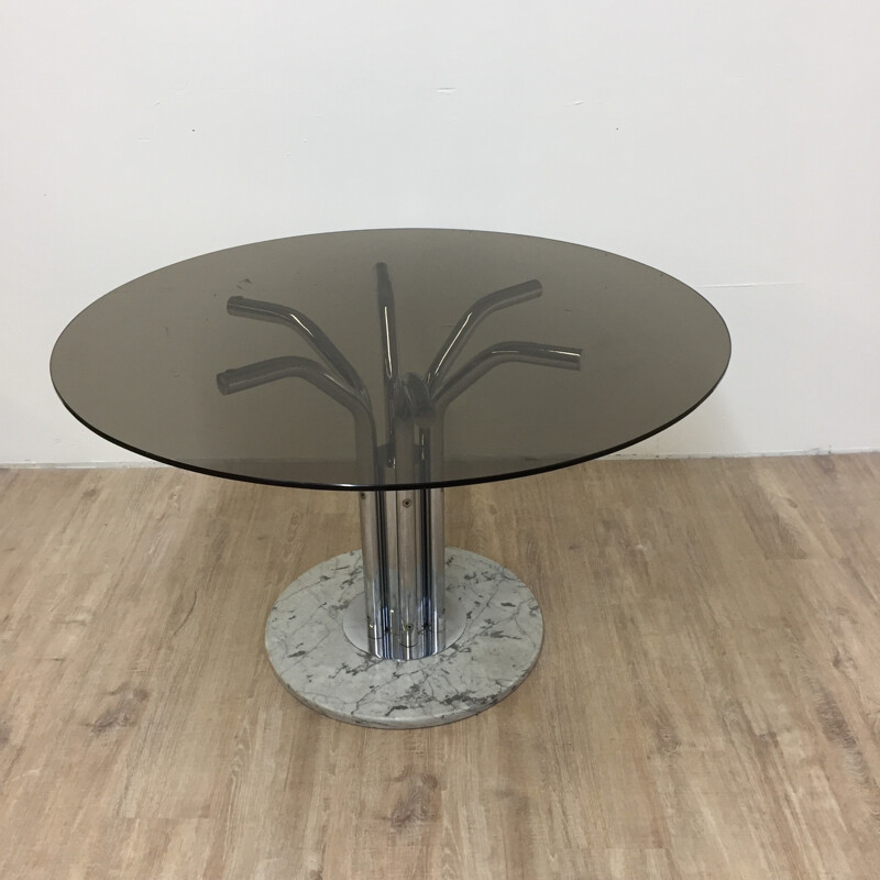 Table à repas en verre fumé et marbre - 1970