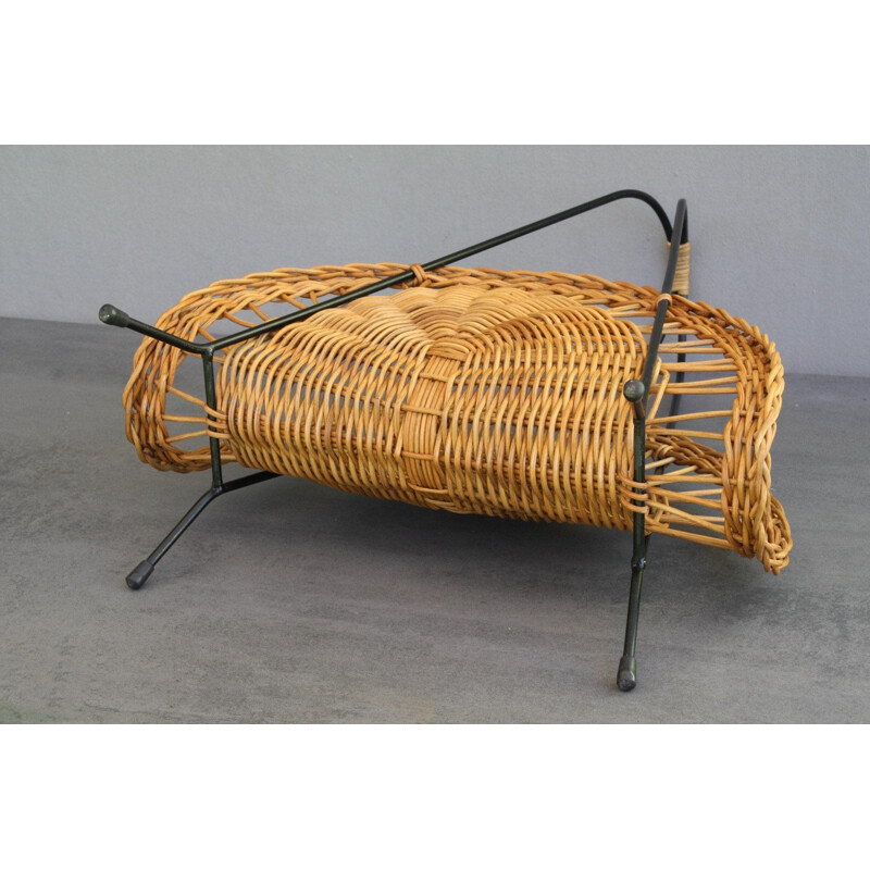 Vintage black wire and rattan magazine rack, 1960s