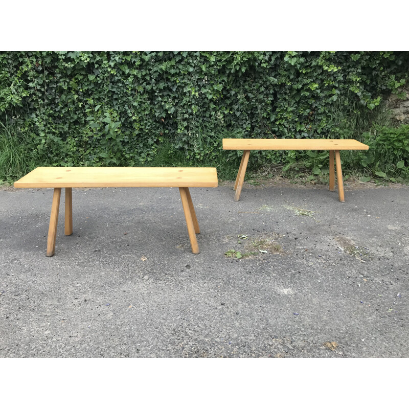 Pair of vintage benches in solid pine by Charlotte Perriand, France 1950