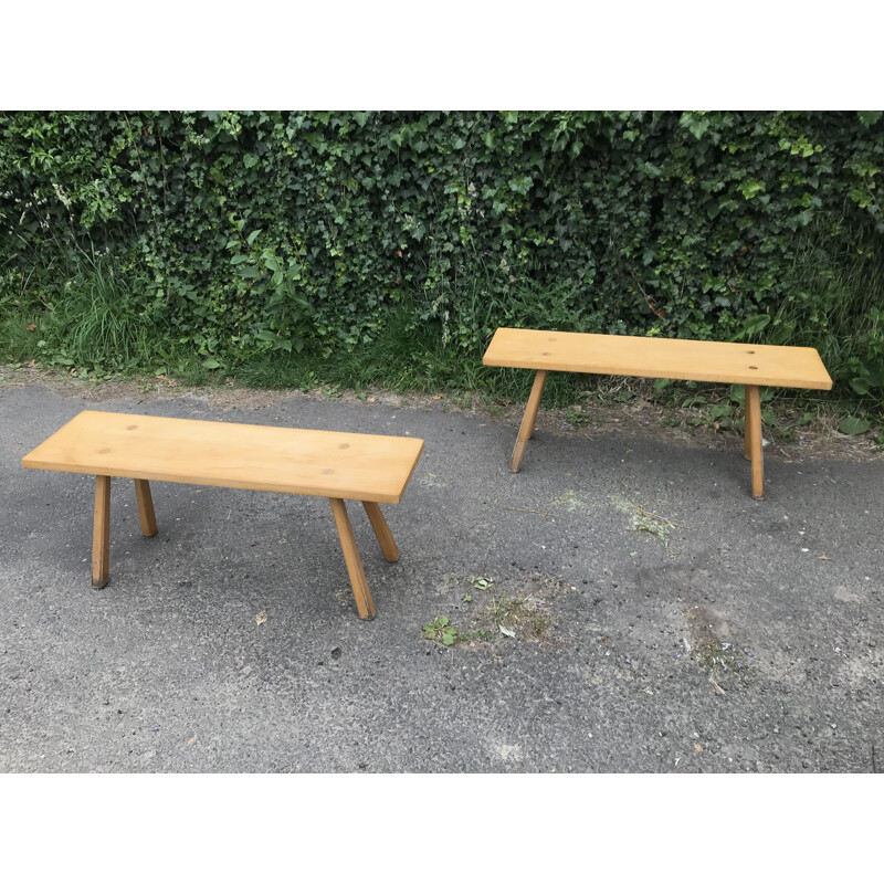 Pair of vintage benches in solid pine by Charlotte Perriand, France 1950