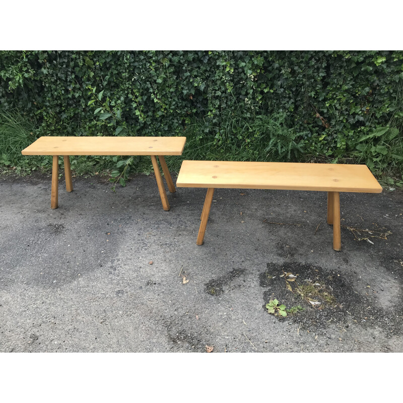 Pair of vintage benches in solid pine by Charlotte Perriand, France 1950