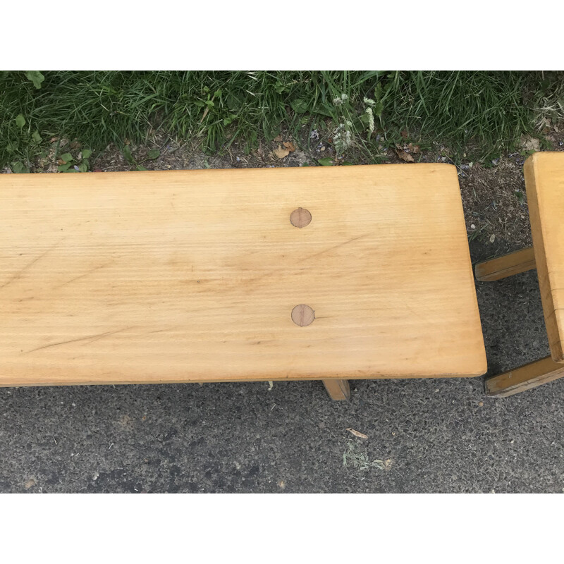 Pair of vintage benches in solid pine by Charlotte Perriand, France 1950