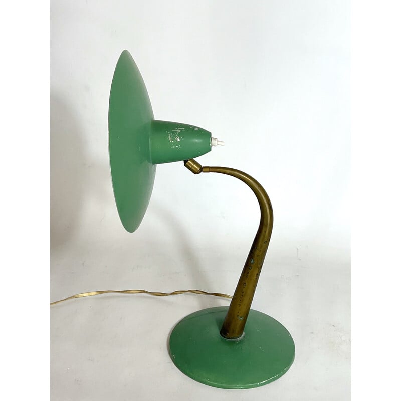 Lampe de table italienne vintage en laiton et laque verte, 1950