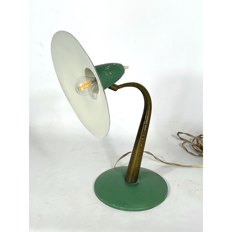 Lampe de table italienne vintage en laiton et laque verte, 1950