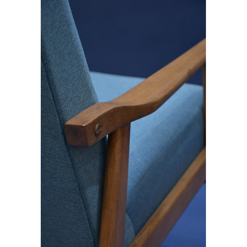 Snieznik armchair in oak and petrol blue fabric - 1960s