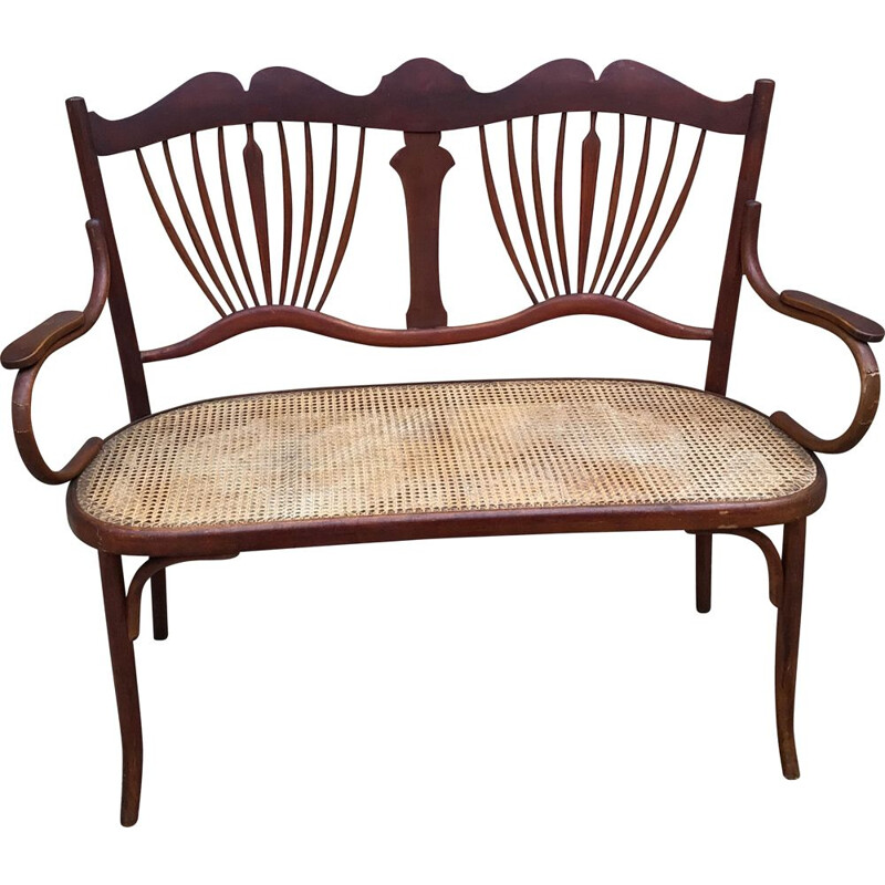 Vintage bentwood and rattan bench by Fischel