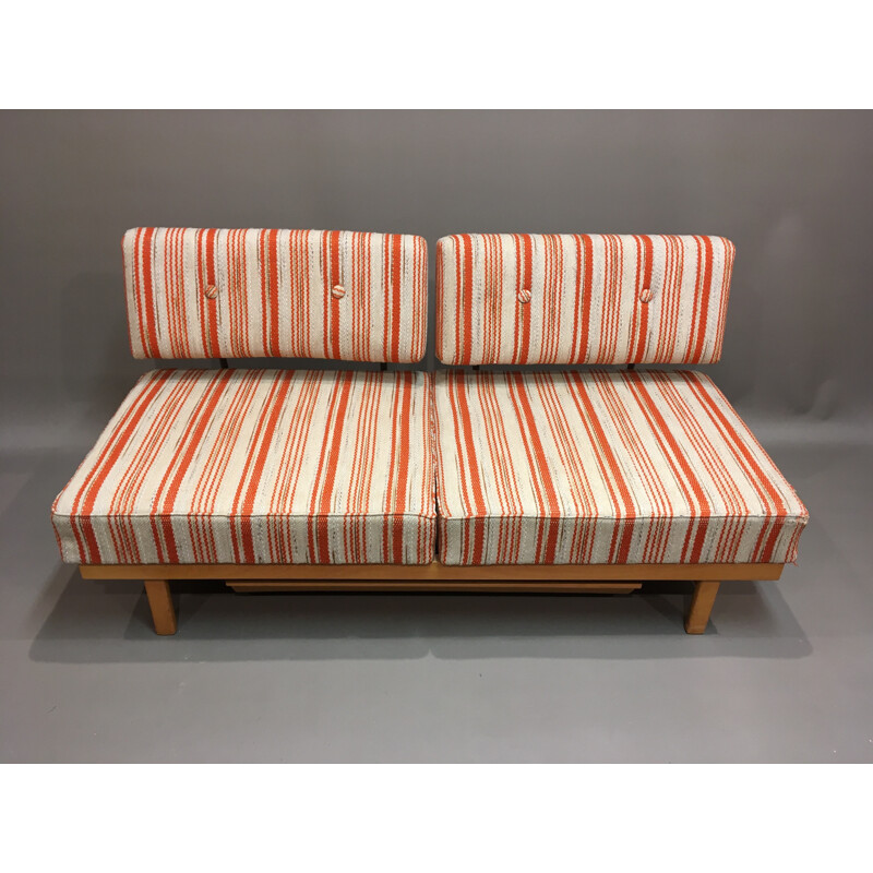 Daybed "Stella" Knoll en chêne et tissu blanc et orange, Wilhelm KNOLL - 1950