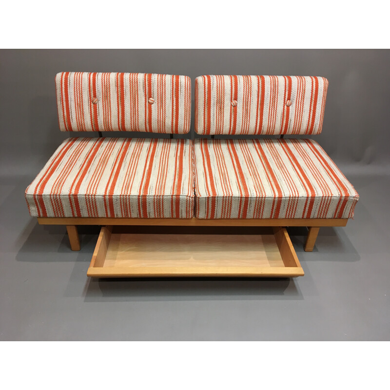 Knoll "Stella" daybed in oak and orange and white fabric, Wilhelm KNOLL - 1950s 