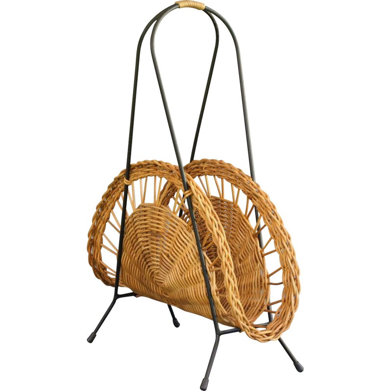 Vintage-Stehsammler aus schwarzem Draht und Rattan, 1960