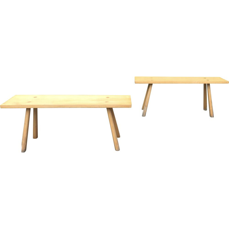 Pair of vintage benches in solid pine by Charlotte Perriand, France 1950