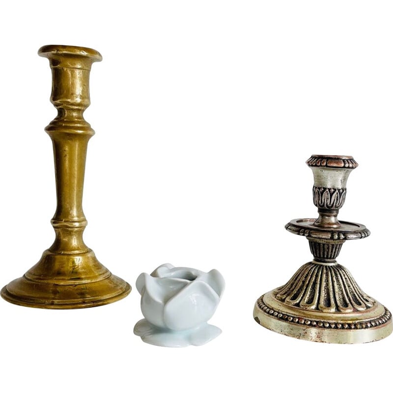 Set of 3 vintage porcelain and brass candle holders, India