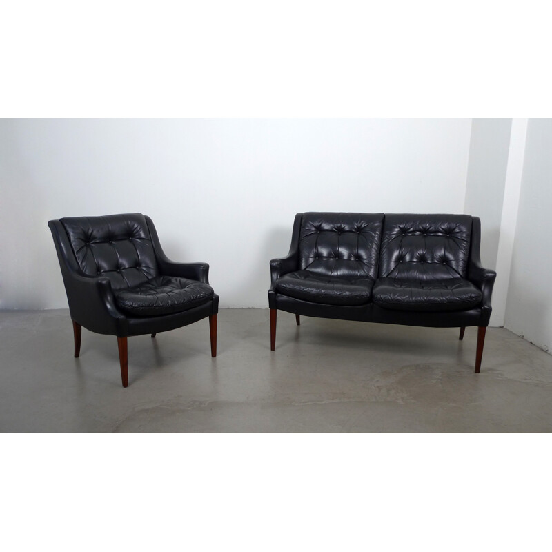 Black leather Knoll Antimott 2-seater sofa, Walter KNOLL - 1960s