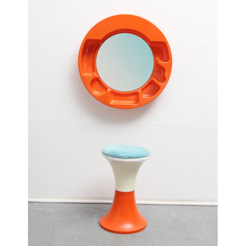 Miroir rond vintage en plastique orange - 1970