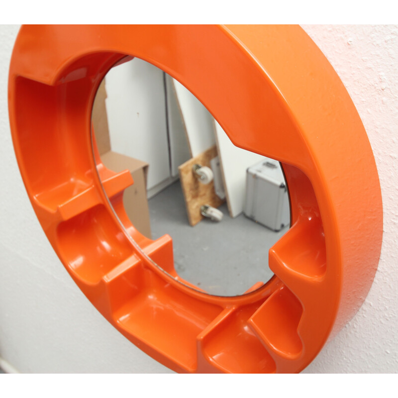 Miroir rond vintage en plastique orange - 1970