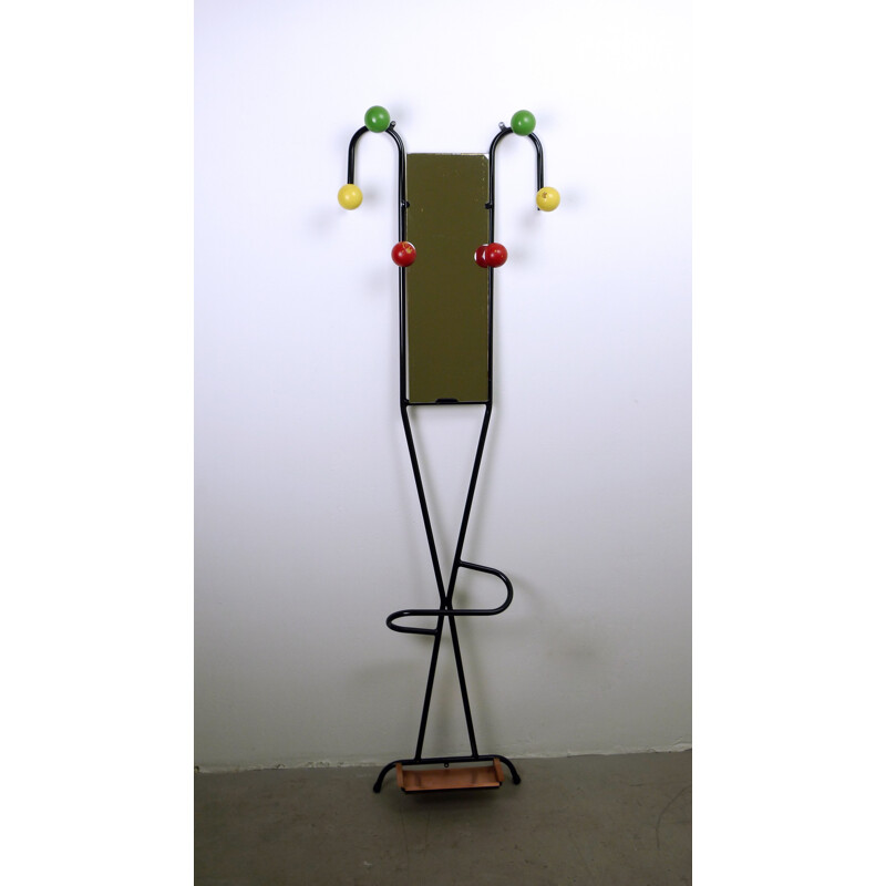 French coat rack in wood with mirror and umbrella stand - 1950s