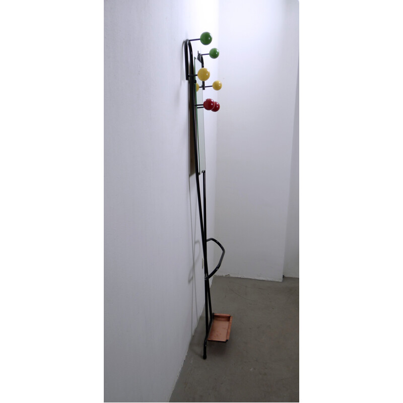 French coat rack in wood with mirror and umbrella stand - 1950s