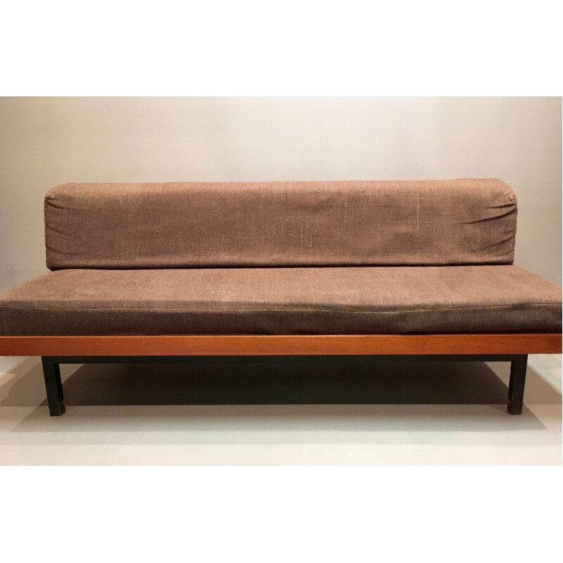 Mid-century daybed in teak and brown fabric - 1950s