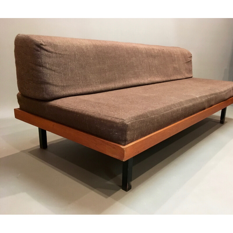 Mid-century daybed in teak and brown fabric - 1950s