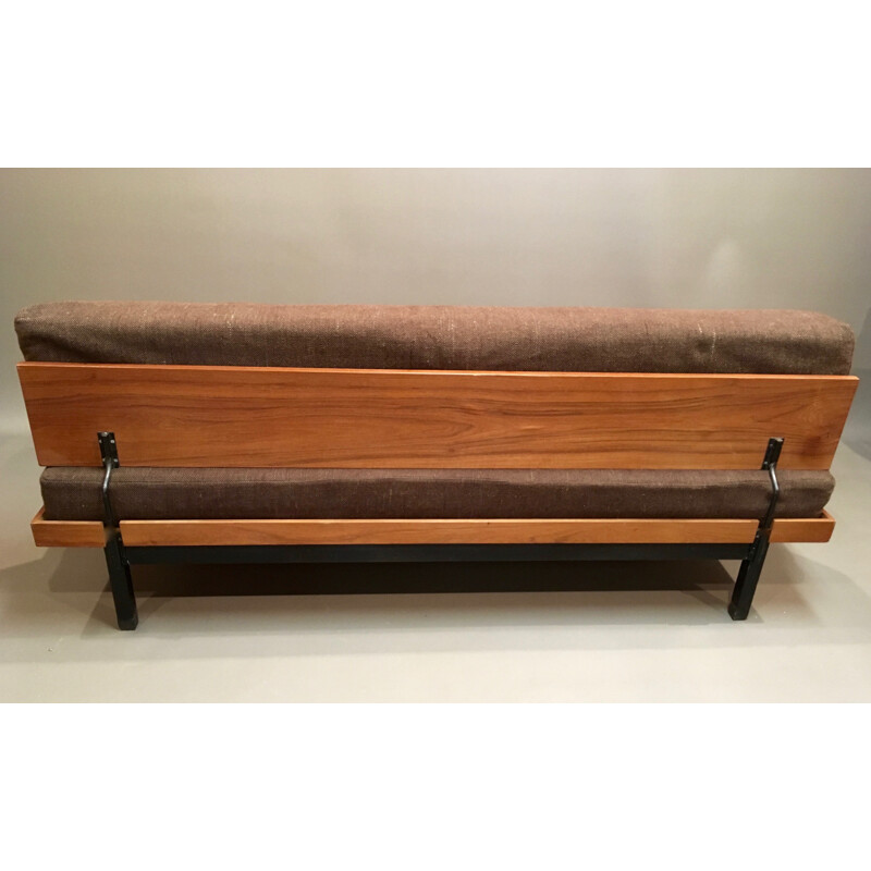 Mid-century daybed in teak and brown fabric - 1950s