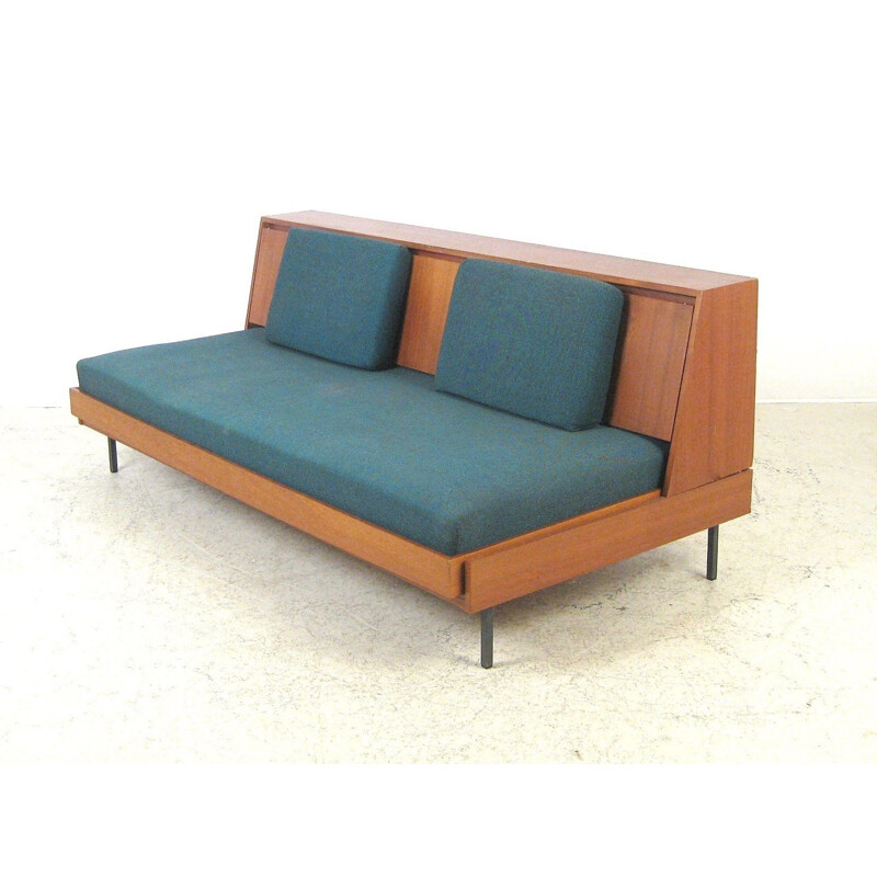 Daybed vintage en teck et tissu bleu - 1960