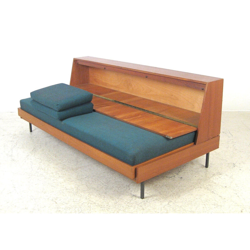 Daybed in blue fabric and teak - 1960s