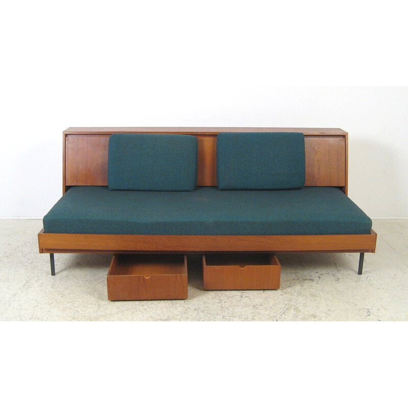 Daybed in blue fabric and teak - 1960s