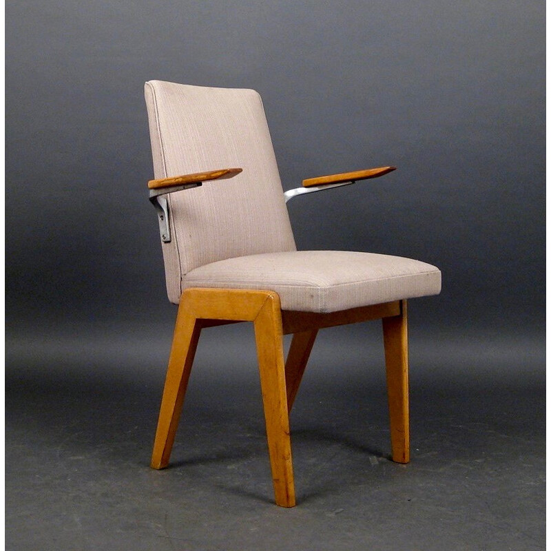 Fauteuil français en chêne et tissu beige - 1950