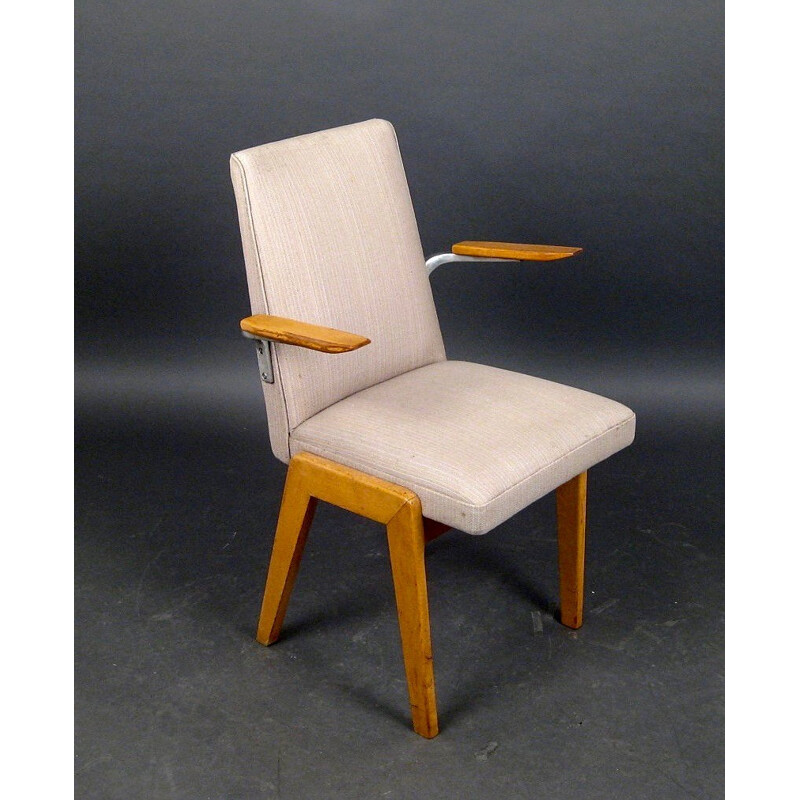 French armchair in oak and beige fabric - 1950s