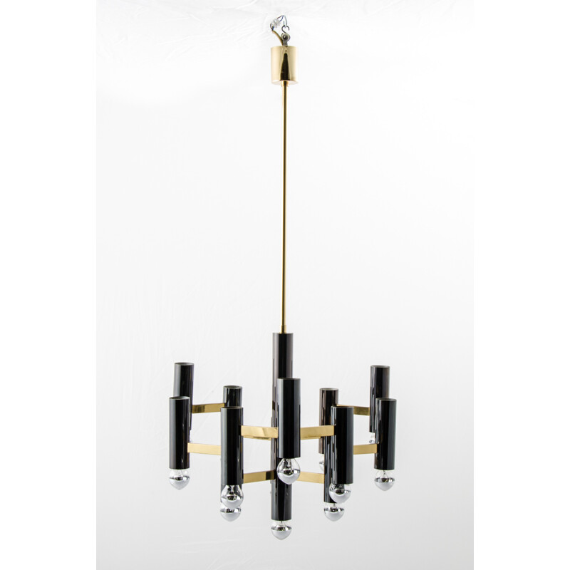 Boulanger SA vintage geometric brass and black metal chandelier, Gaetano SCIOLARI - 1960s