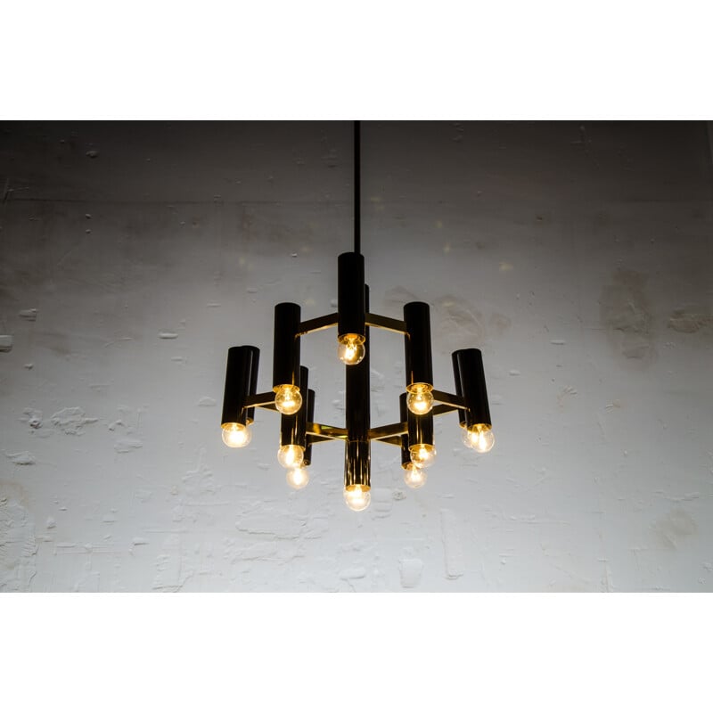 Boulanger SA vintage geometric brass and black metal chandelier, Gaetano SCIOLARI - 1960s