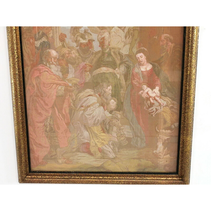 Vintage tapestry frame "Adoration of the Magi" in wood by Peter Paul Rubens, English