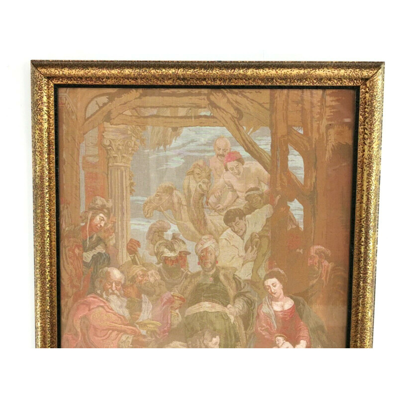 Vintage tapestry frame "Adoration of the Magi" in wood by Peter Paul Rubens, English