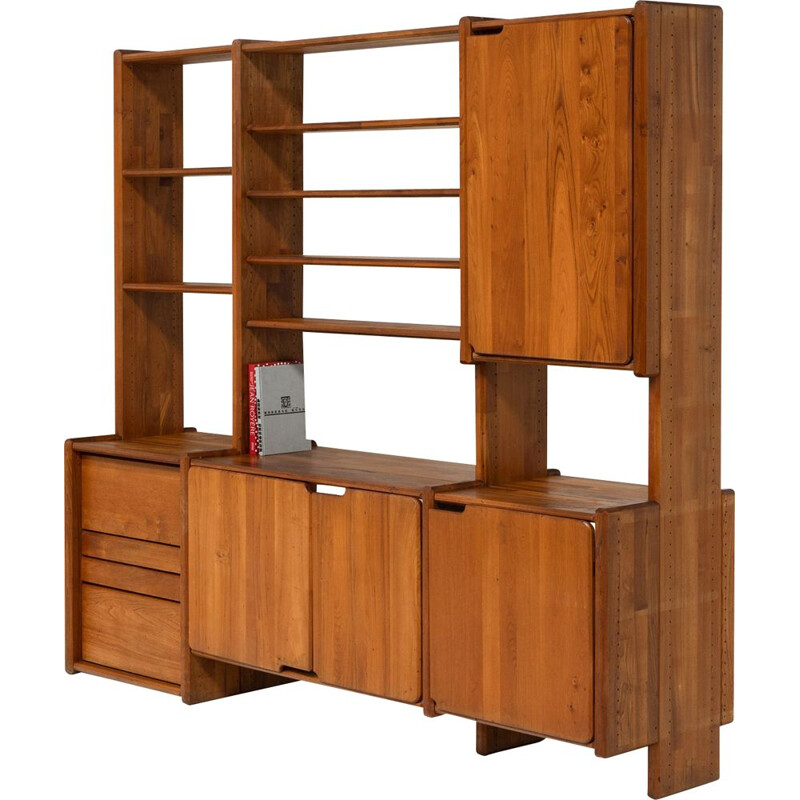 Vintage bookcase in solid elm wood by Pierre Chapo, 1970s