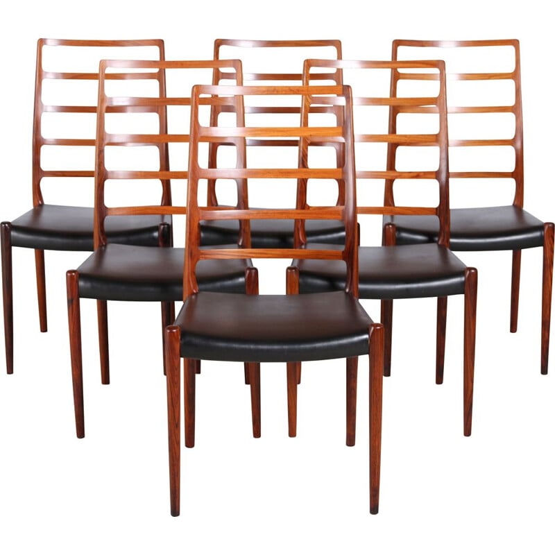 Ensemble de 6 chaises vintage danoises en palissandre par Niels O. Møller pour J.L. Møller, 1960