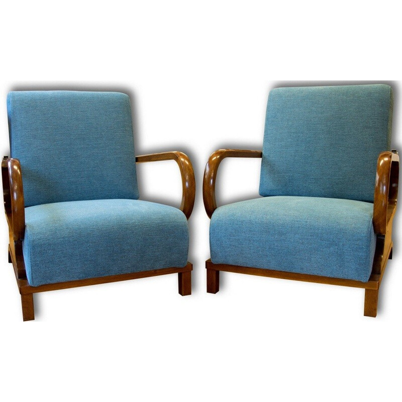 Pair of Czech armchairs in solid beech and blue fabric - 1930s