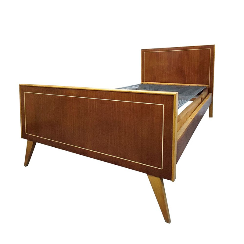 Mid century beech wood bed, Spain 1950s