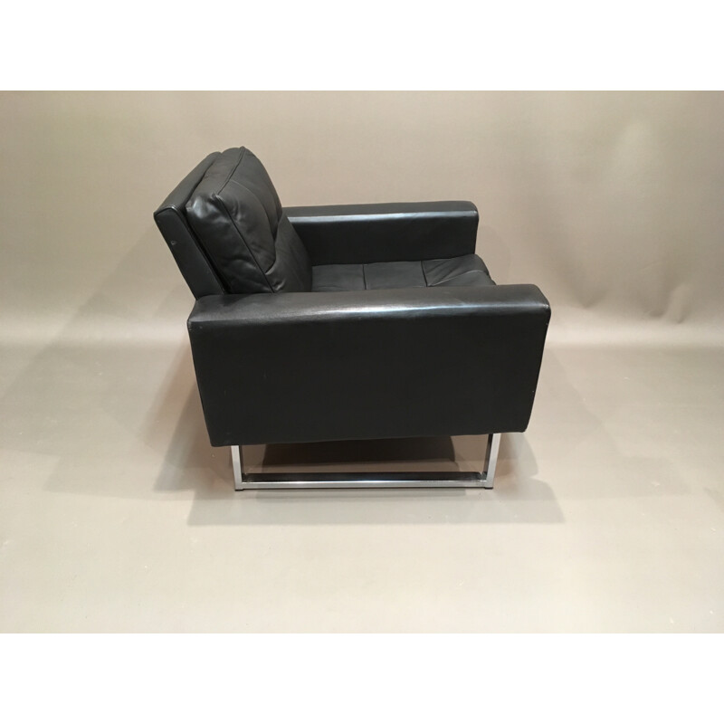 Black armchair in leather and chromed metal - 1950s